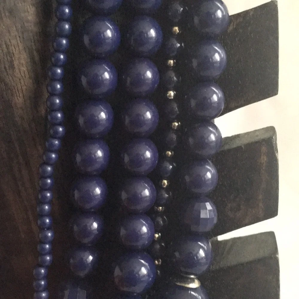 Navy‎ Blue & Silver Tone Multi  Strand Faux Pearl  Necklace